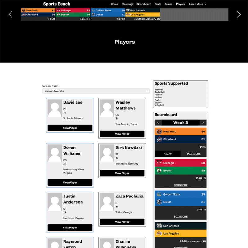 Screenshot of the basketball players page in Sports Bench