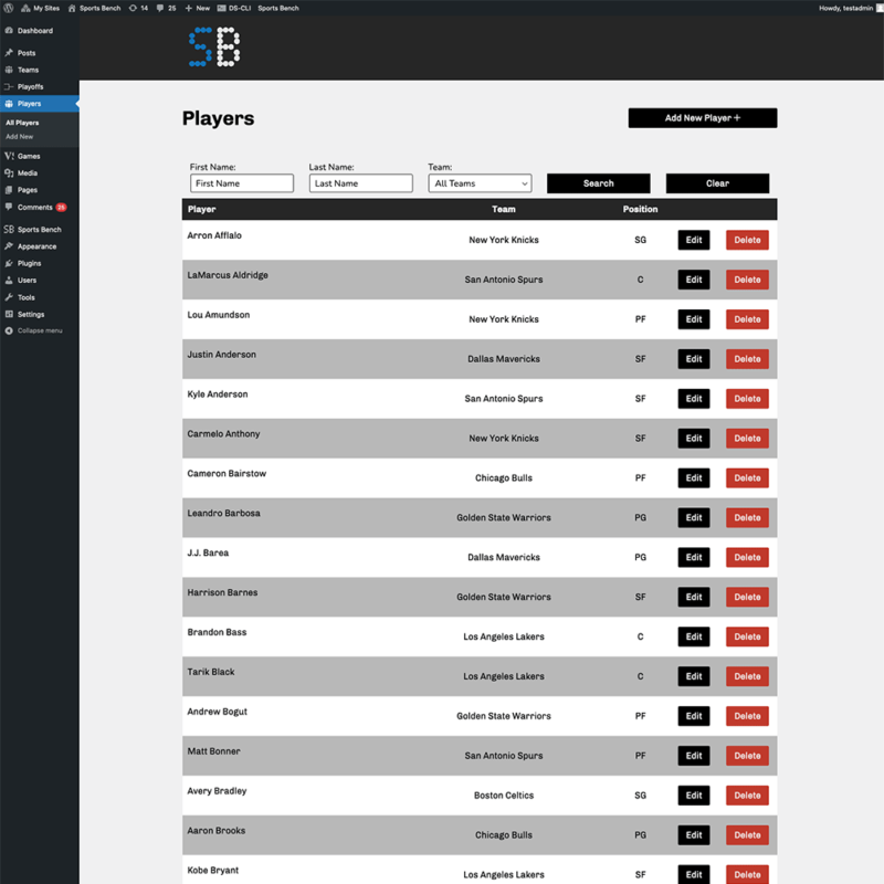 Screenshot of the basketball players admin screen in Sports Bench