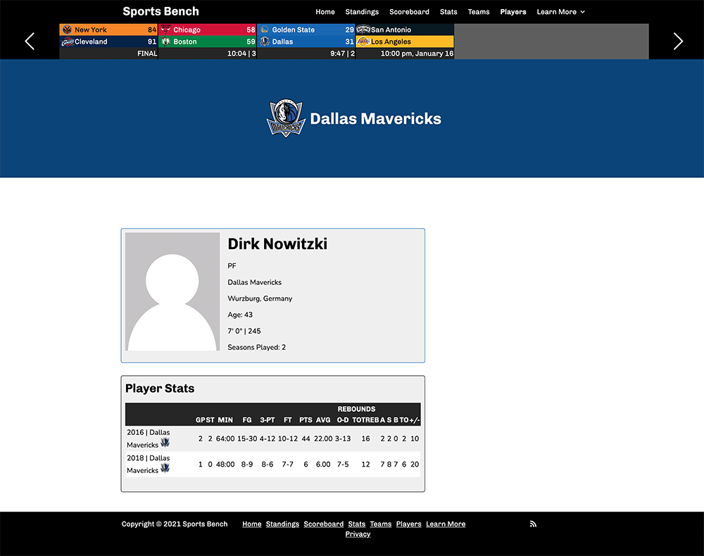 Screenshot of the basketball single player page in Sports Bench