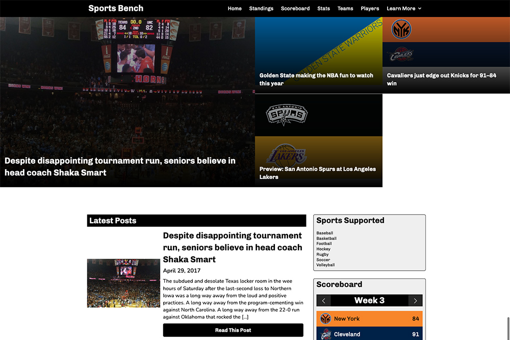 Screenshot of the basketball tiled homepage in Sports Bench