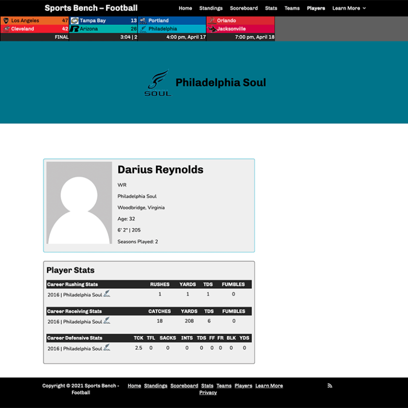 Screenshot of the football single player page in Sports Bench