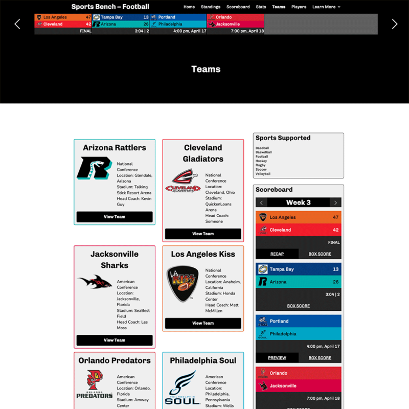 Screenshot of the football teams page in Sports Bench