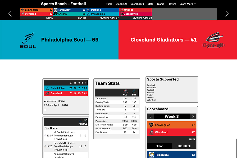 Screenshot of the football box score page in Sports Bench