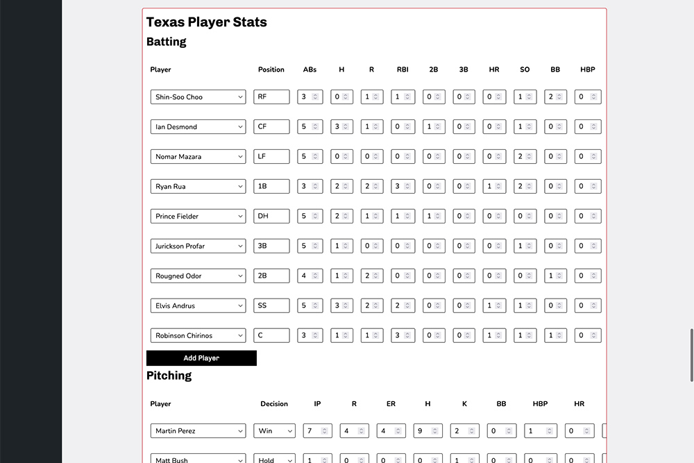 Screenshot of the baseball single game admin screen in Sports Bench