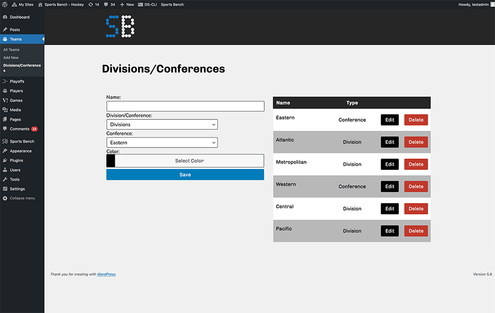 Screenshot of the hockey divisions admin screen in Sports Bench