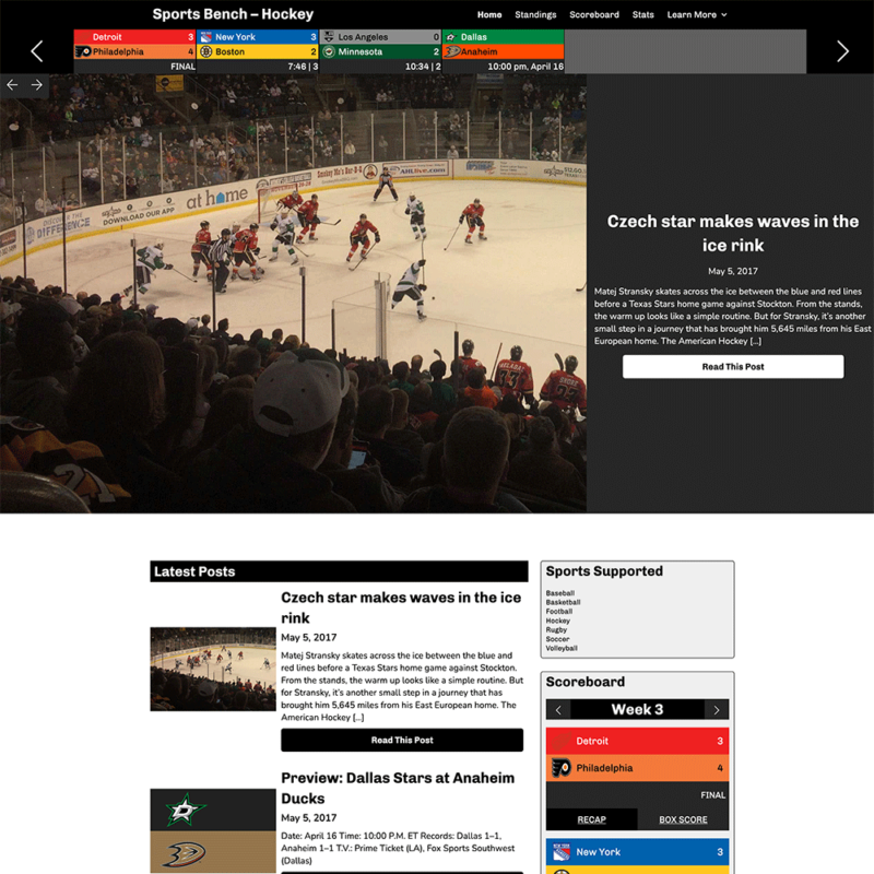 Screenshot of the hockey slider homepage in Sports Bench