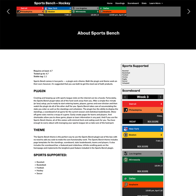 Screenshot of the hockey default page template in Sports Bench