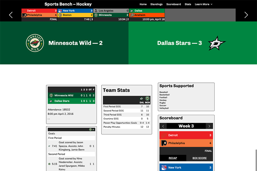 Screenshot of the hockey box score page in Sports Bench