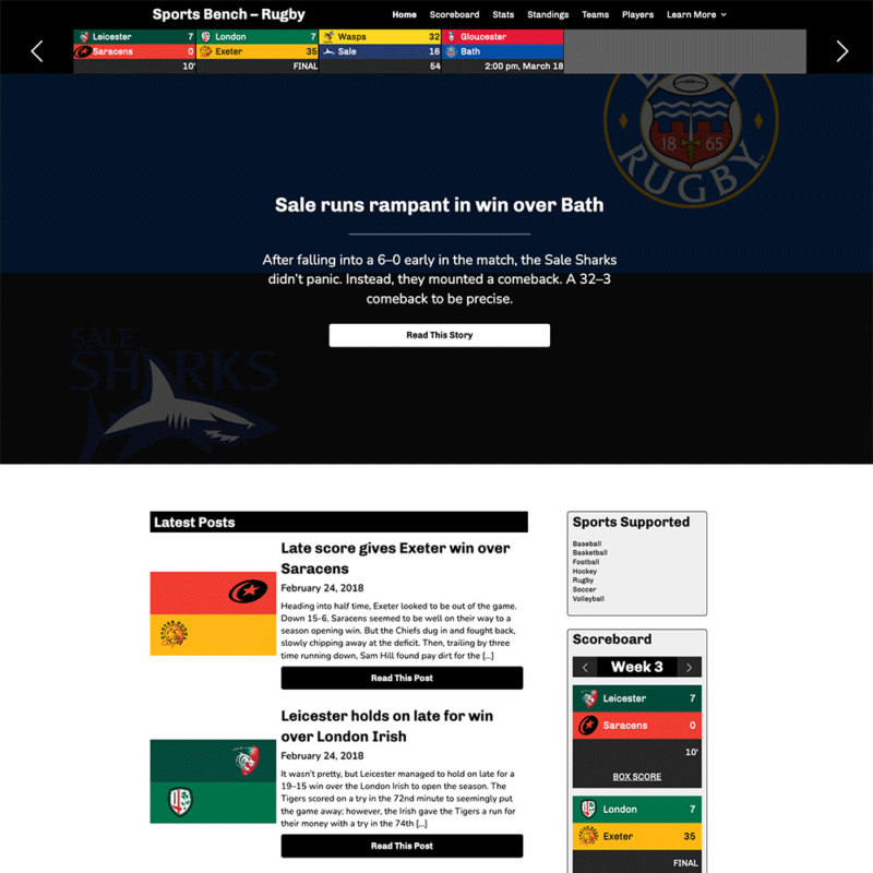 Screenshot of the rugby hero section homepage in Sports Bench