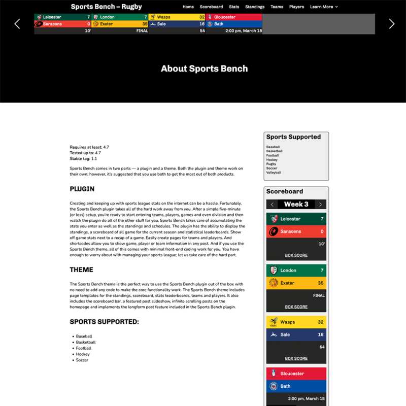 Screenshot of the rugby default page template in Sports Bench