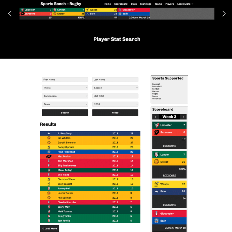 Screenshot of the rugby player stat search page in Sports Bench