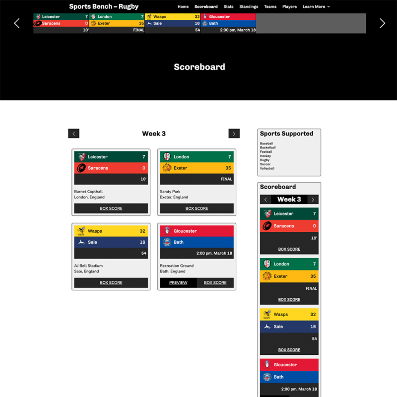 Screenshot of the rugby scoreboard page in Sports Bench