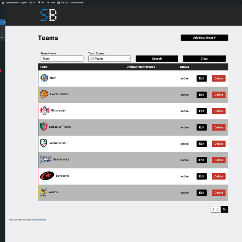 Screenshot of the rugby teams admin screen in Sports Bench