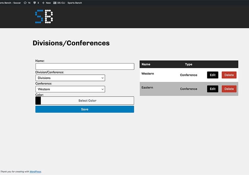 Screenshot of the soccer divisions admin screen in Sports Bench