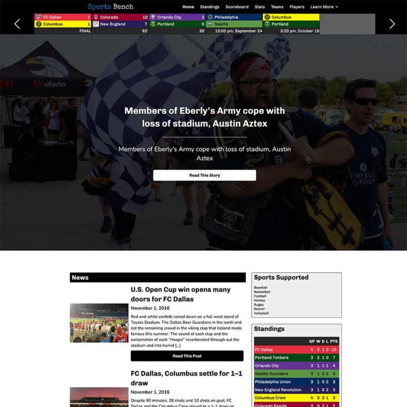 Screenshot of the soccer hero section homepage in Sports Bench