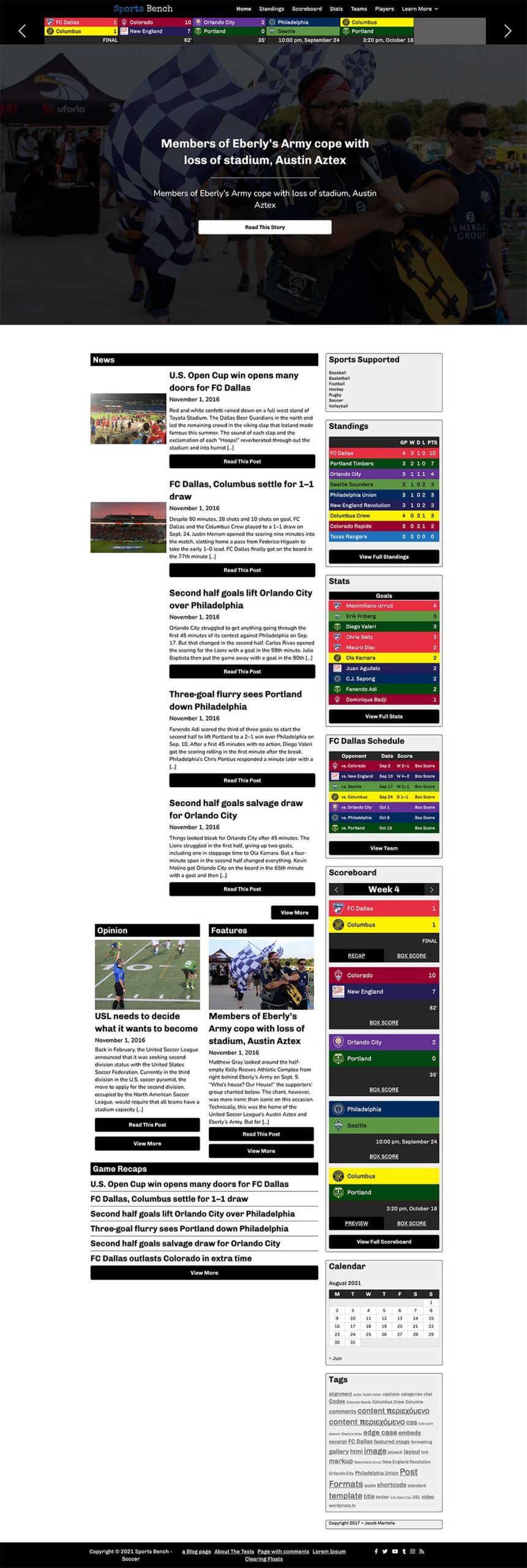 Screenshot of the soccer hero section homepage in Sports Bench