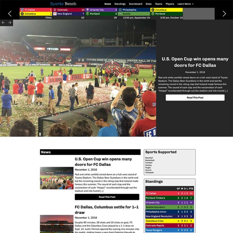 Screenshot of the soccer slider homepage in Sports Bench