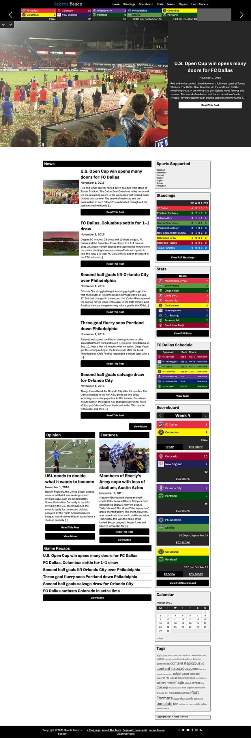 Screenshot of the soccer slider homepage in Sports Bench