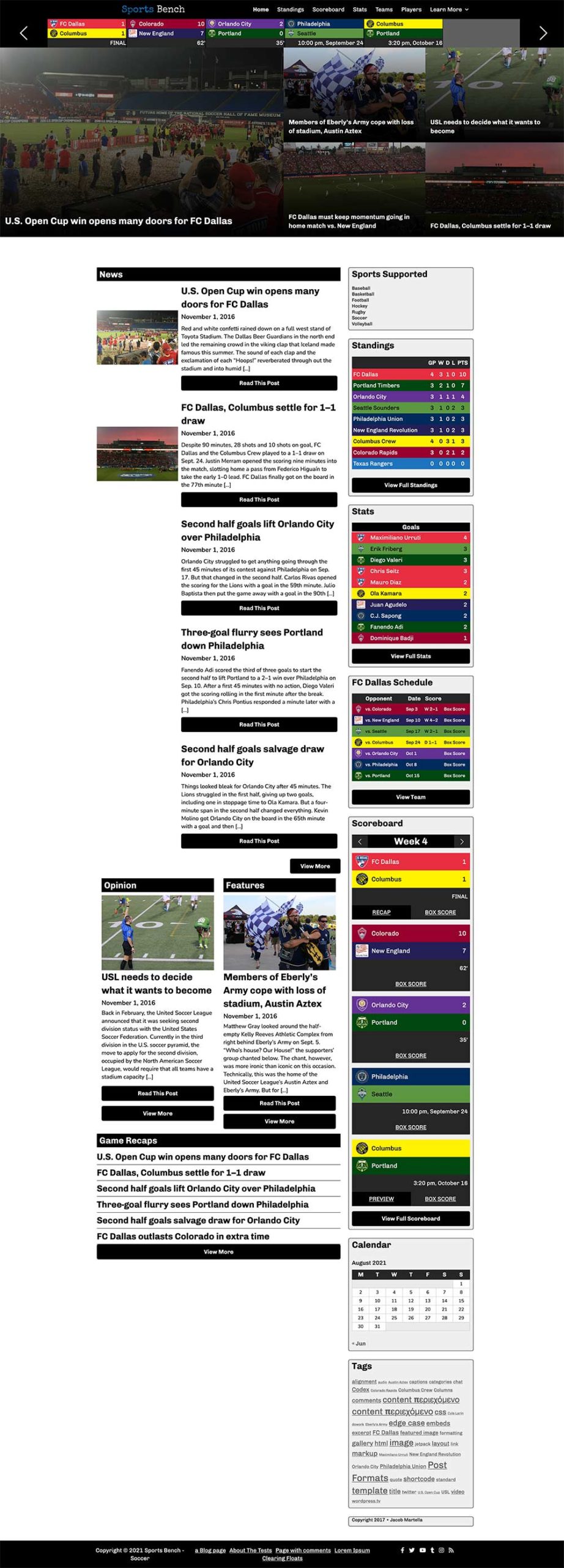 Screenshot of the soccer tiled homepage in Sports Bench