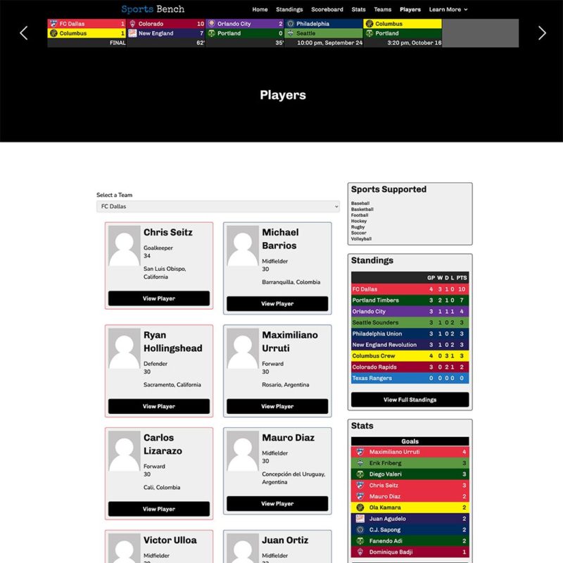 Screenshot of the soccer players page in Sports Bench