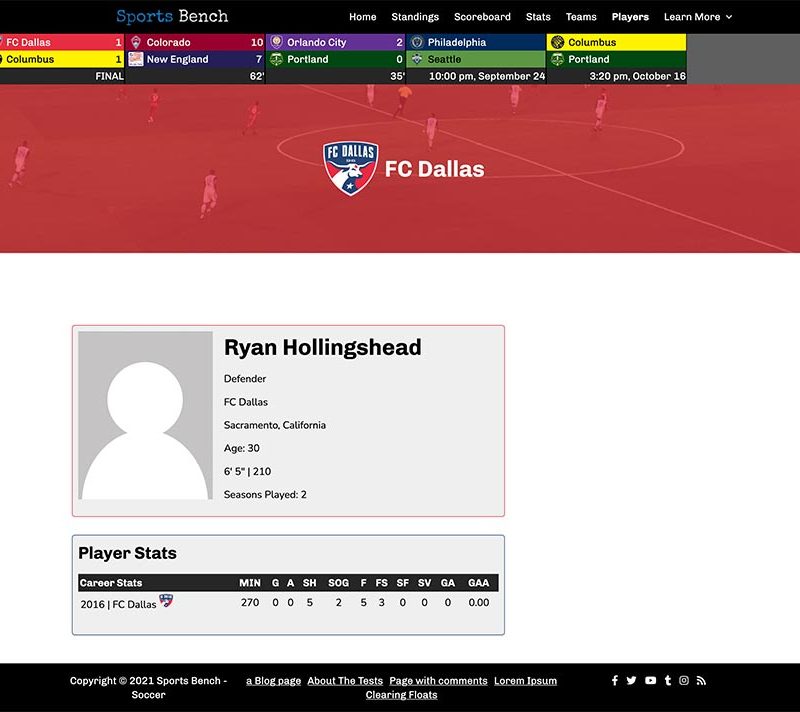 Screenshot of the soccer single player page in Sports Bench