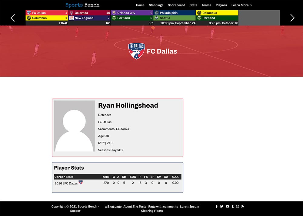 Screenshot of the soccer single player page in Sports Bench