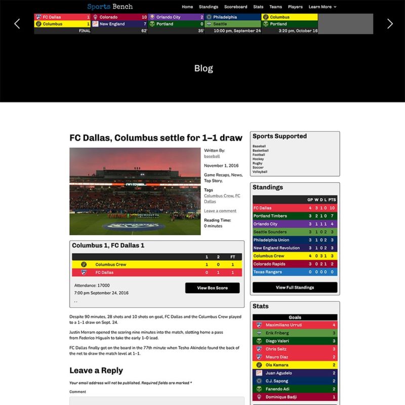 Screenshot of the soccer single post in Sports Bench