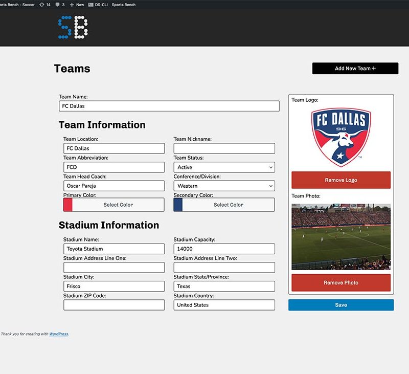 Screenshot of the soccer single team admin screen in Sports Bench