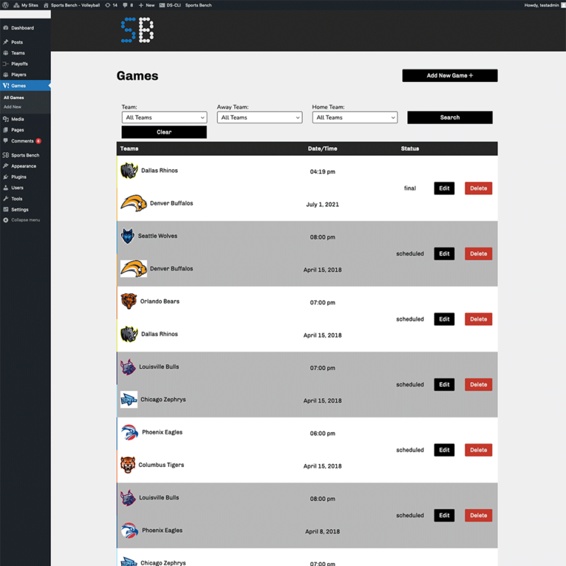 Screenshot of the volleyball games admin screen in Sports Bench