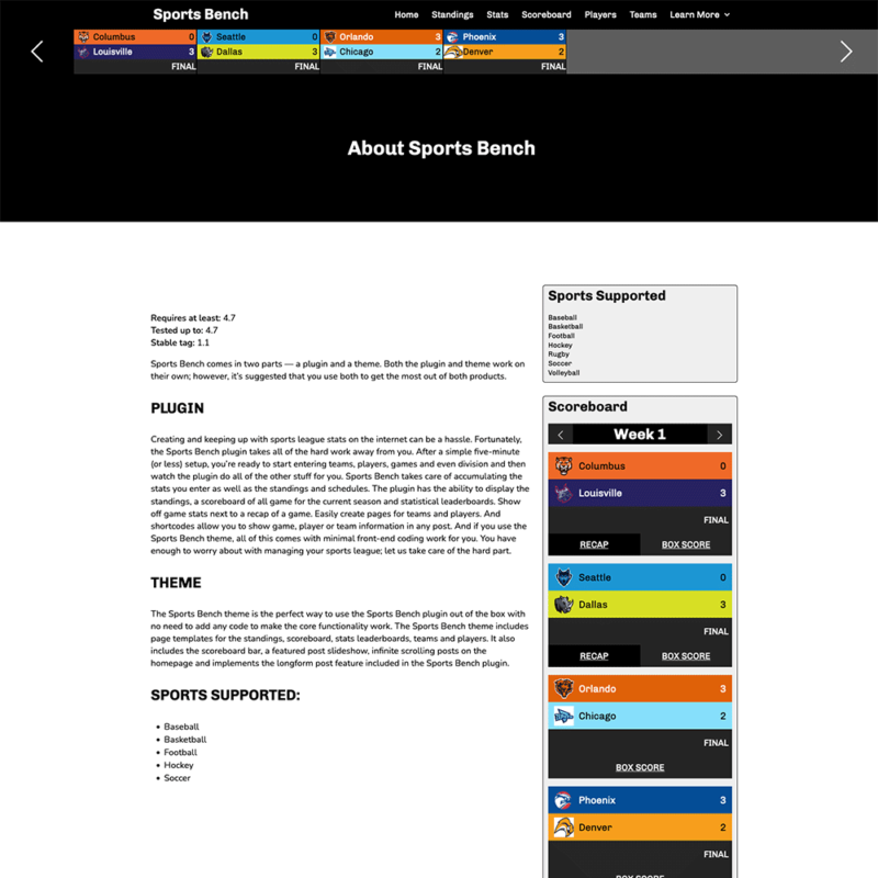 Screenshot of the volleyball default page template in Sports Bench