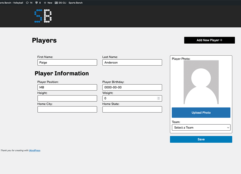 Screenshot of the volleyball single player admin screen in Sports Bench