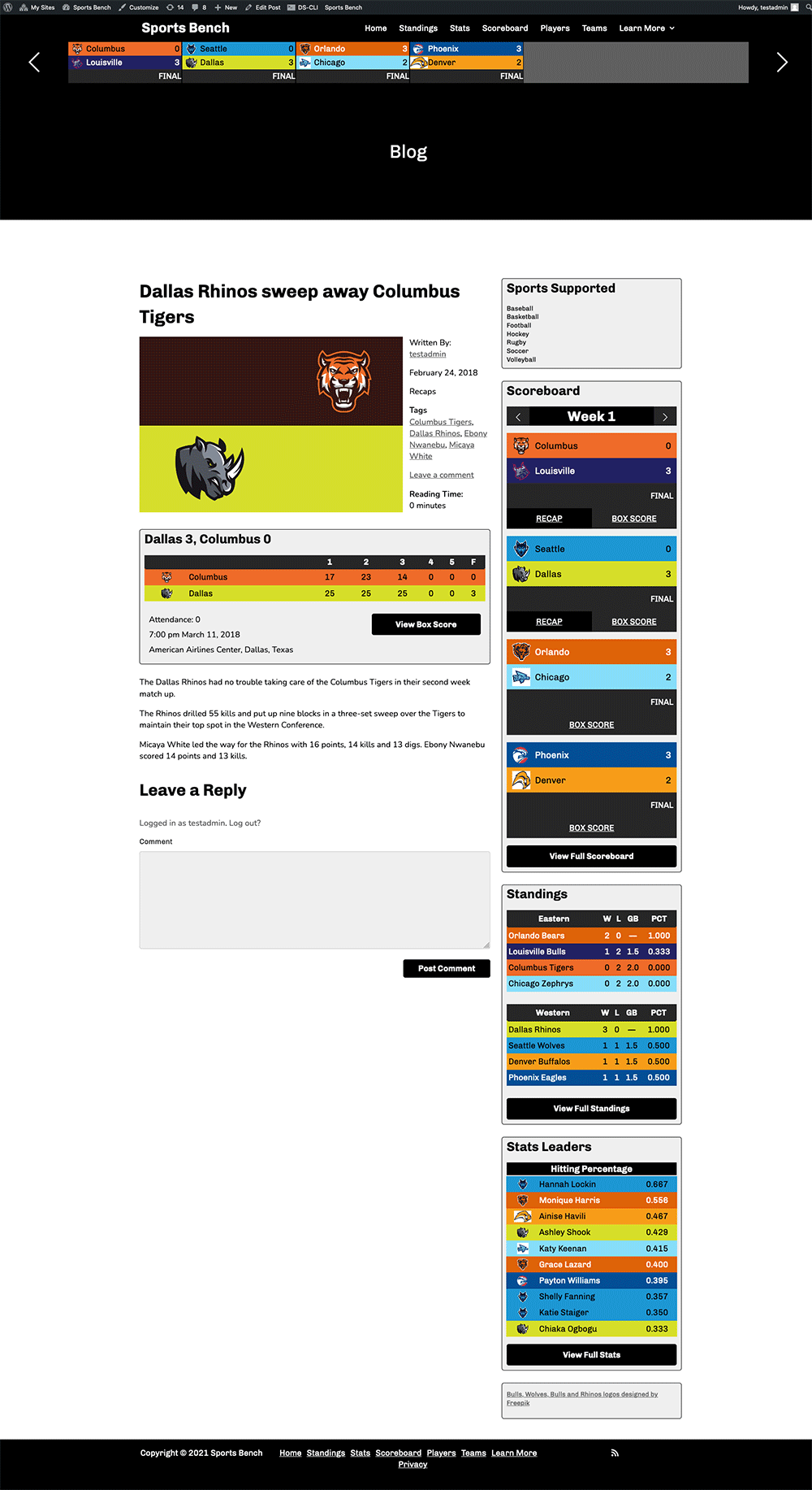 Screenshot of the volleyball single post template in Sports Bench