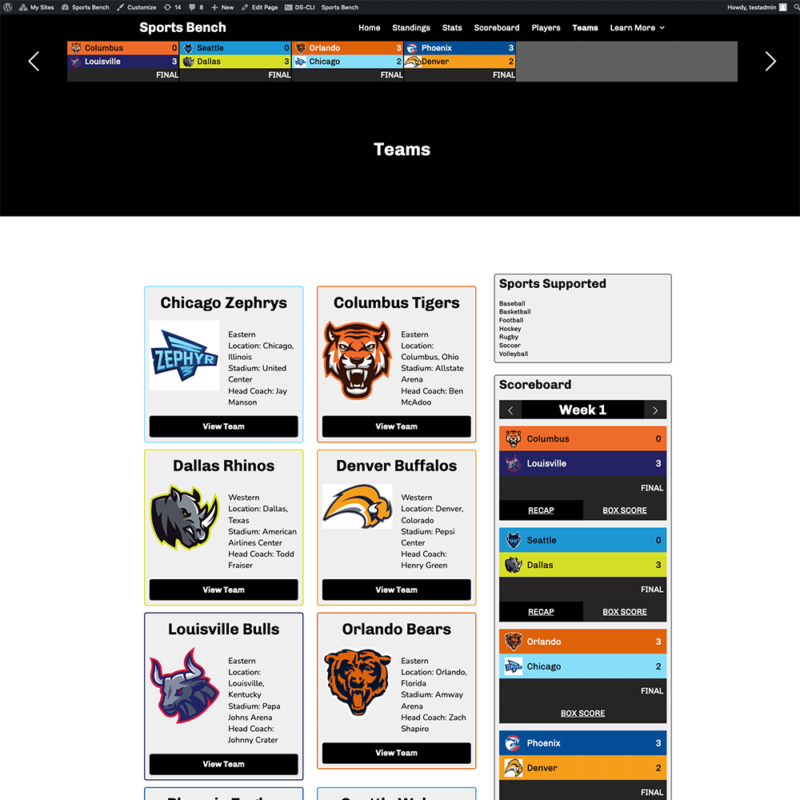Screenshot of the volleyball teams page in Sports Bench