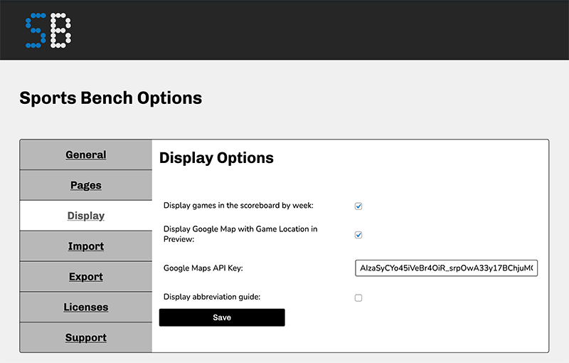 Screenshot of the Sports Bench display options screen in the admin area