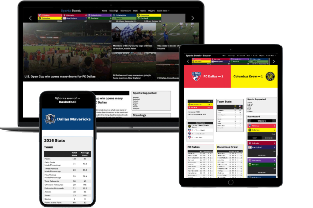 Sports Bench Soccer demo homepage on a laptop, the Sports Bench soccer box score page on a tablet device and a Sports Bench team page on an iPhone